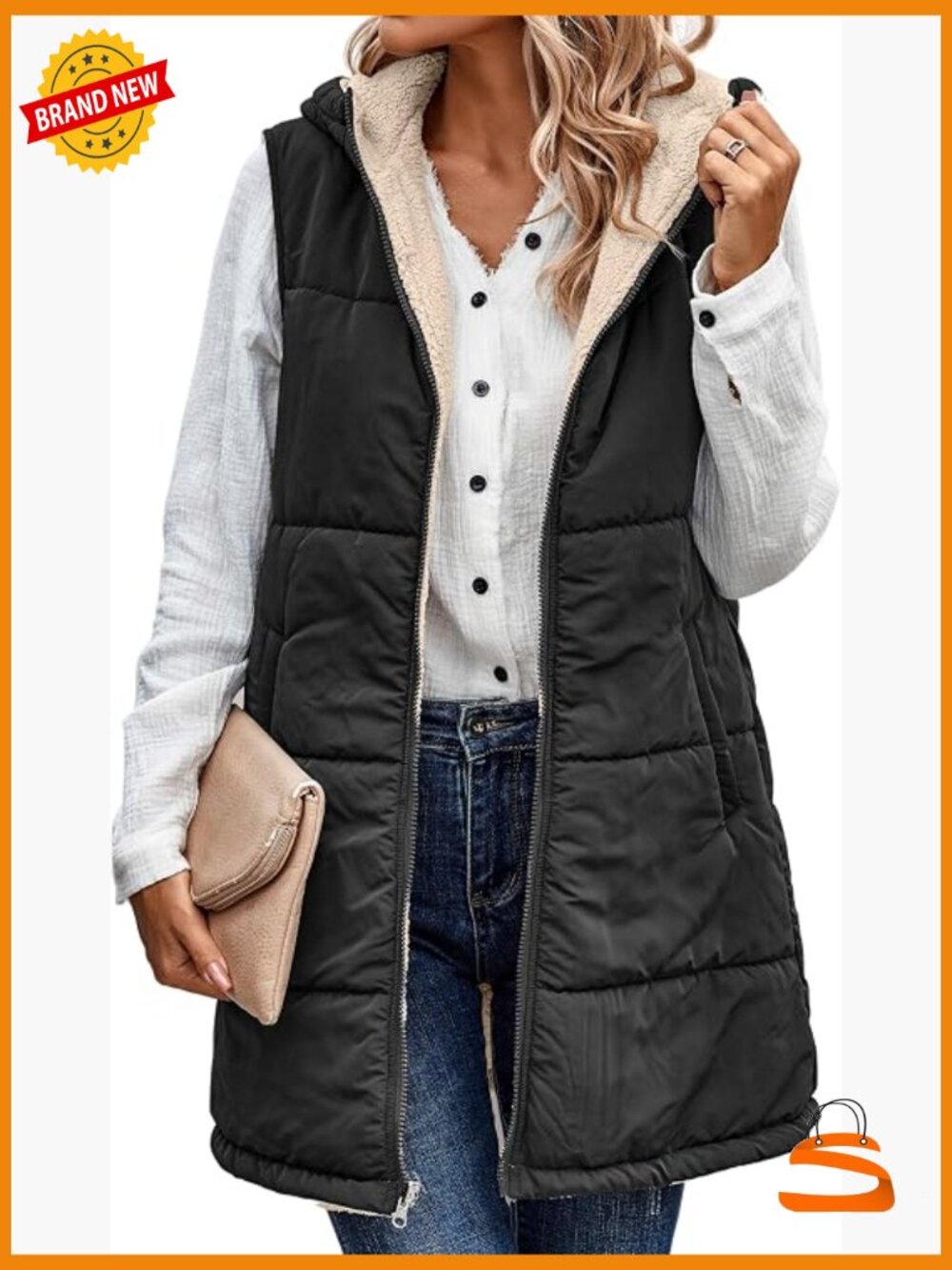 Reversible Hooded Quilted Long Puffer Vest with Pockets Sleeveless Fleece Lined